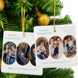Nieuwe Baby Eerste Kerstmis 6 foto's Elke kleur Keramisch Ornament<br><div class="desc">Nieuwe Baby eerste kerst foto ornament - of u kunt de formulering aanpassen zoals u wilt. Het ontwerp beschikt over 6 foto's en volledig bewerkbare kleuren voor de achtergrond, belettering en de deco stippen. Uw foto's worden weergegeven in 16:9-portretformaat en de fotosjabloon geeft ze automatisch weer in een pilvormige, afgeronde...</div>