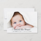 Nieuwe Baby Elegant Script Foto geboorteaankondigi Kaart (Voorkant)