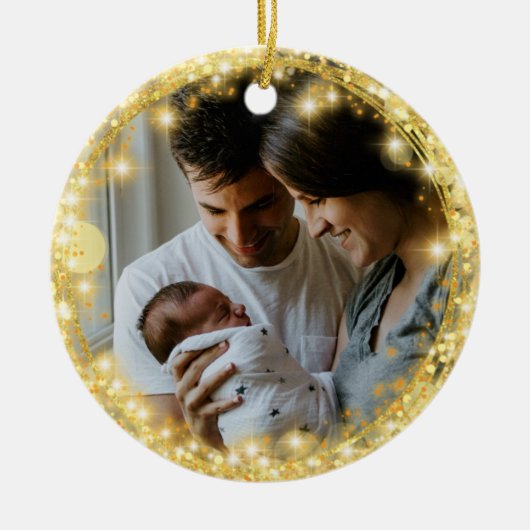 Nieuwe Baby First Kerstmis Glitter Gold Circle Keramisch Ornament (Voorkant)