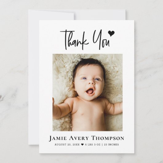 Nieuwe Baby Foto Dank u Modern Heart Birth Aankondiging (Voorkant)