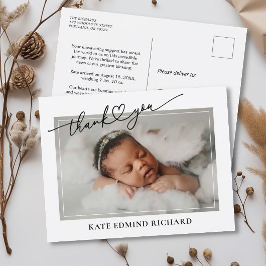 Nieuwe Baby Foto Hart Script Geboorteaankondiging Briefkaart