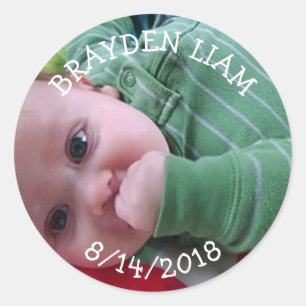 Nieuwe baby foto, naam geboorte datum jongen aanko ronde sticker