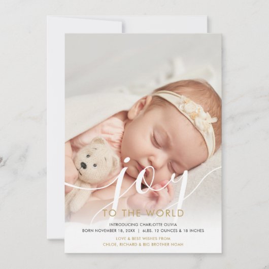 Nieuwe baby foto Vreugde tot de wereld Geboorte Feestdagenkaart (Voorkant)