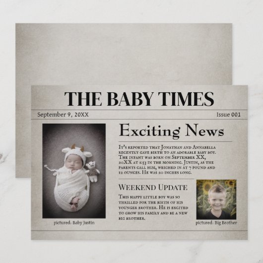 Nieuwe baby geboorte aankondiging (Voorkant / Achterkant)