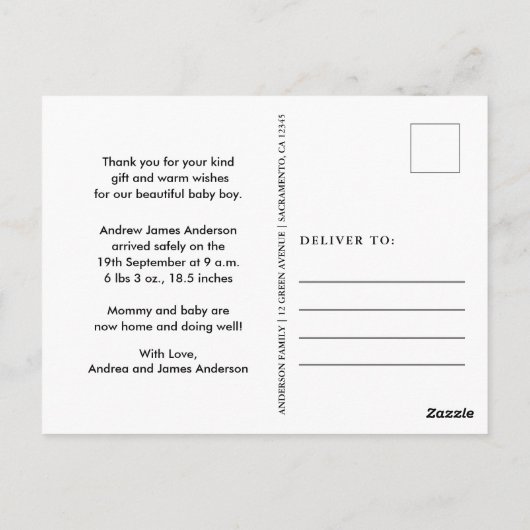 Nieuwe Baby Geboorte Aankondiging Dank u Briefkaart (Achterkant)