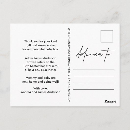 Nieuwe Baby Geboorte Aankondiging Dank u Briefkaart (Achterkant)