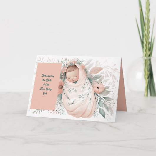 Nieuwe Baby Girl Aankondiging Kaart Peach Flowers (Voorkant)