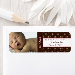 Nieuwe baby Het is een meisje bruin en roze Stippe Etiket