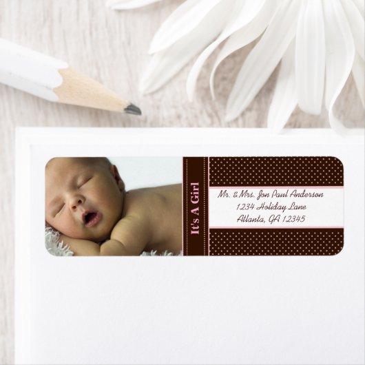 Nieuwe baby Het is een meisje bruin en roze Stippe Etiket (Insitu)