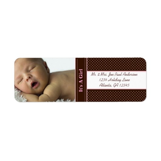 Nieuwe baby Het is een meisje bruin en roze Stippe Etiket (Voorkant)