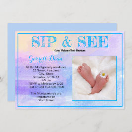 Nieuwe baby in blauw "Sip and See" Aangepaste foto Kaart