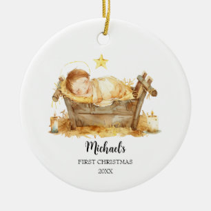 Nieuwe baby in kribbe kerstverhaal eerste kerst keramisch ornament