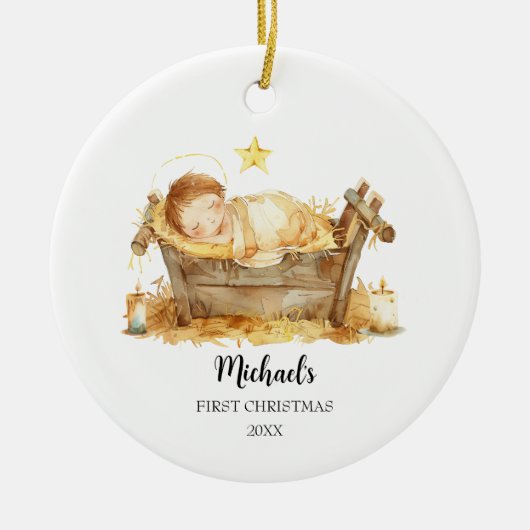 Nieuwe baby in kribbe kerstverhaal eerste kerst keramisch ornament (Voorkant)
