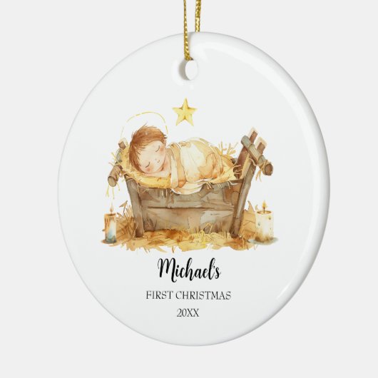 Nieuwe baby in kribbe kerstverhaal eerste kerst keramisch ornament (Links)