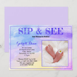 Nieuwe baby in Paarse "Sip and See" Foto party Kaart