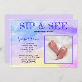 Nieuwe baby in Paarse "Sip and See" Foto party Kaart