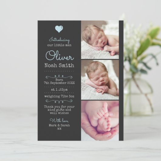 Nieuwe baby jongen aankondiging / dank je kaart A5 (Staand voorkant)