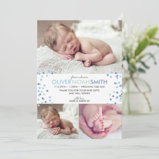 Nieuwe baby jongen aankondiging / dank je kaart A5 (Staand voorkant)