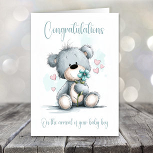 Nieuwe Baby Jongen Felicitaties Teddybeer Kaart
