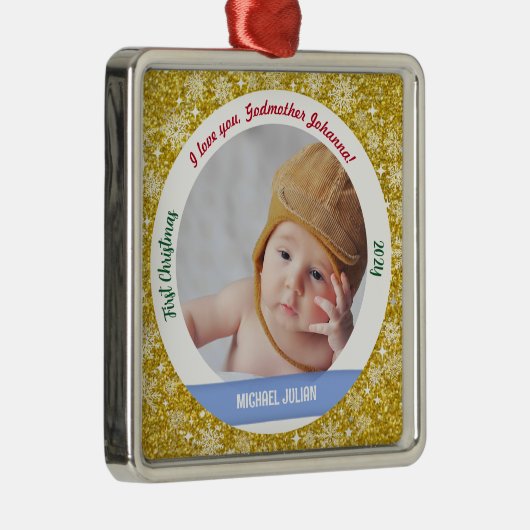 Nieuwe Baby Jongen Foto 1e Kerstmis Godmother Gold Metalen Ornament (Rechts)