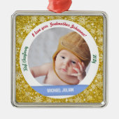 Nieuwe Baby Jongen Foto 1e Kerstmis Godmother Gold Metalen Ornament (Voorkant)