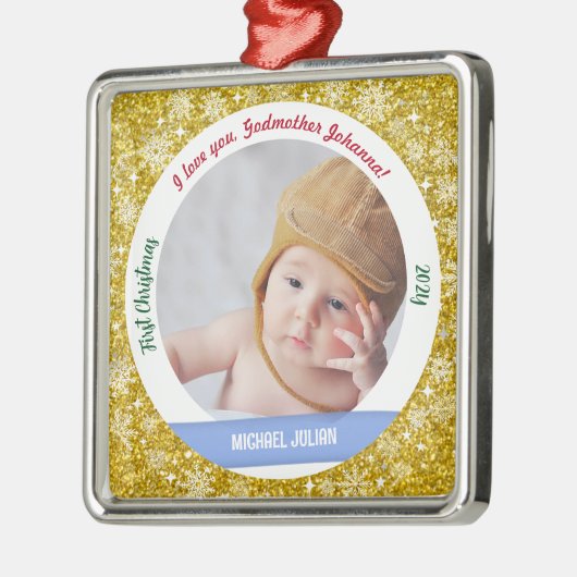 Nieuwe Baby Jongen Foto 1e Kerstmis Godmother Gold Metalen Ornament (Links)