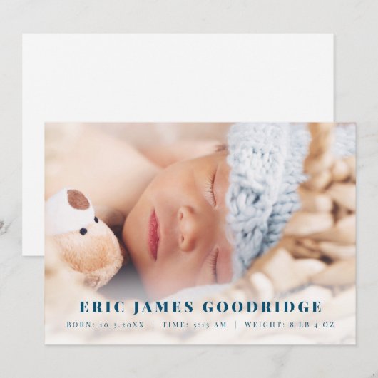 Nieuwe baby jongen geboorte aankondiging foto kaar (Voorkant / Achterkant)