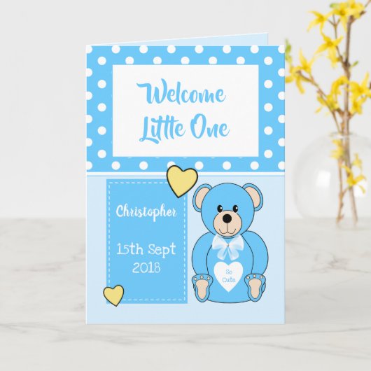 Nieuwe baby jongen Teddy beer blauwe groet Kaart (Gele Bloem)