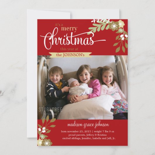 Nieuwe Baby Kerstmis Aankondiging op eigen naam/fo (Voorkant)