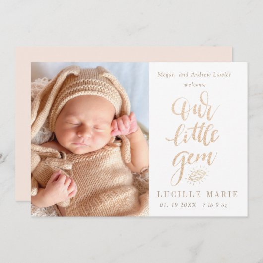 Nieuwe baby kondiging ons kleine Gem-script Aankondiging (Voorkant / Achterkant)