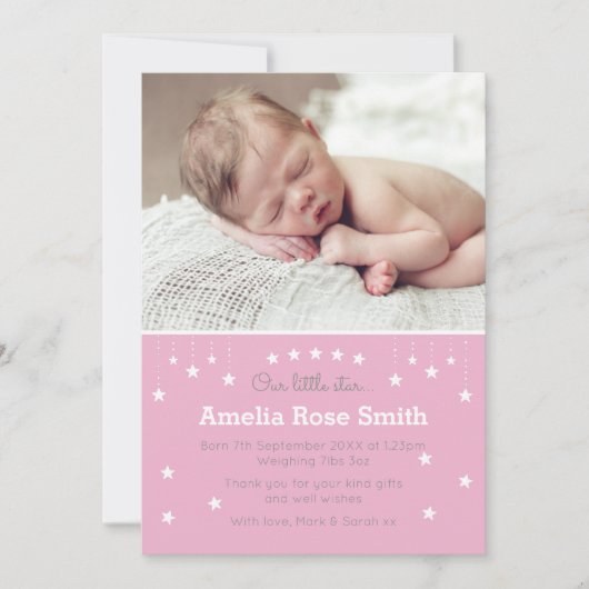 Nieuwe baby meisje aankondiging / dank je kaart (Voorkant)