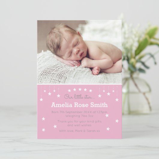 Nieuwe baby meisje aankondiging / dank je kaart (Staand voorkant)