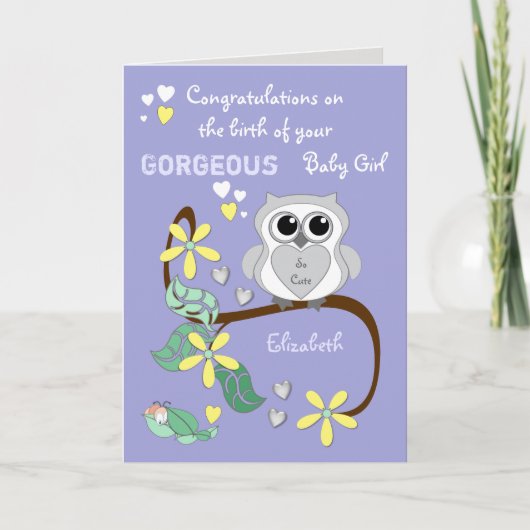 Nieuwe baby meisje feliciteert paarse met een scha kaart (Voorkant)