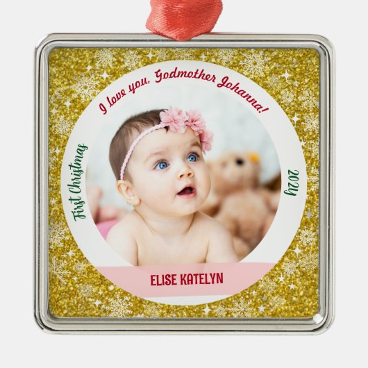 Nieuwe Baby Meisje Foto 1e Kerstmis Godmother Gold Metalen Ornament (Voorkant)