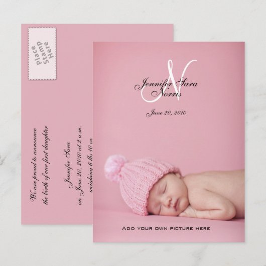 Nieuwe Baby Meisje Geboorteaankondiging Foto Brief Aankondigingskaart (Voorkant / Achterkant)