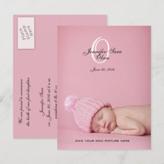 Nieuwe Baby Meisje Geboorteaankondiging Fotopost K Aankondigingskaart (Voorkant / Achterkant)
