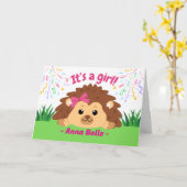 Nieuwe baby meisje gefeliciteerd met egel kaart (Gele Bloem)