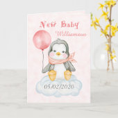 Nieuwe Baby Meisje Penguin Gepersonaliseerd Kaart (Gele Bloem)
