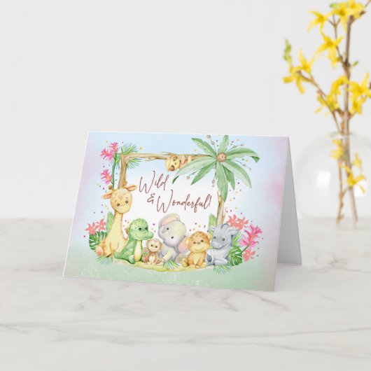 Nieuwe Baby Meisje Safari Dieren Wild en Wonderlij Kaart (Gele Bloem)