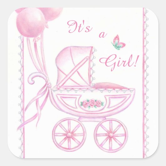 Nieuwe Baby Meisje Stickers Roze Buggy & Ballonnen (Voorkant)