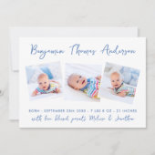 Nieuwe Baby Modern 3 Fotocollage Blauw Geboorte Aankondiging (Voorkant)