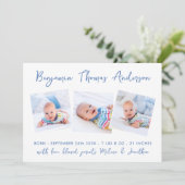 Nieuwe Baby Modern 3 Fotocollage Blauw Geboorte Aankondiging (Staand voorkant)
