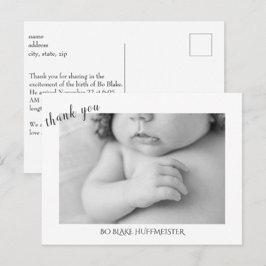 Nieuwe Baby Modern Bedankt B / W Foto Briefkaart (Voorkant / Achterkant)