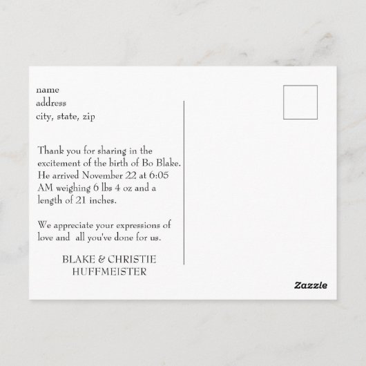 Nieuwe Baby Modern Bedankt B / W Foto Briefkaart (Achterkant)