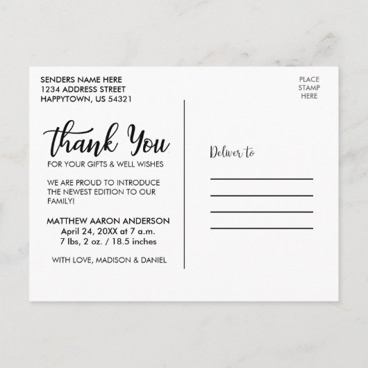 Nieuwe Baby Modern Dank u Blk Briefkaart (Achterkant)