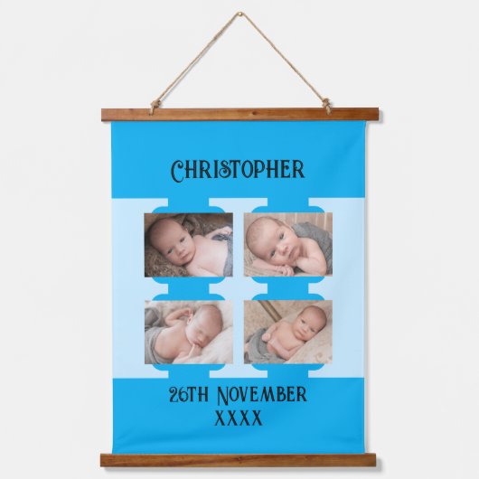 Nieuwe baby naam 4 foto's datum geboorteblauw hangend wandkleed (Voorkant)