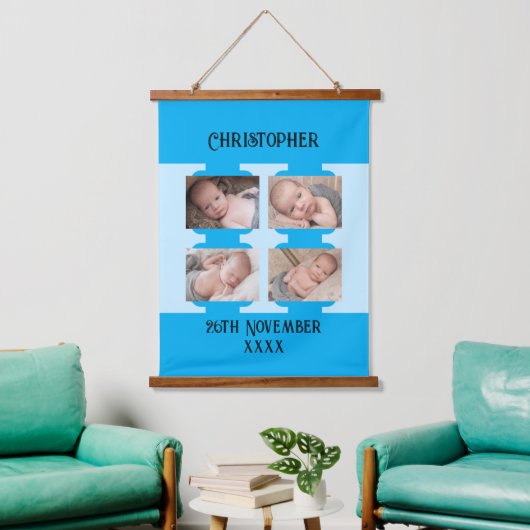 Nieuwe baby naam 4 foto's datum geboorteblauw hangend wandkleed (Woonkamer)