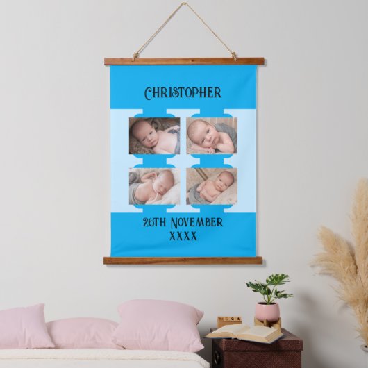 Nieuwe baby naam 4 foto's datum geboorteblauw hangend wandkleed (Slaapkamer)