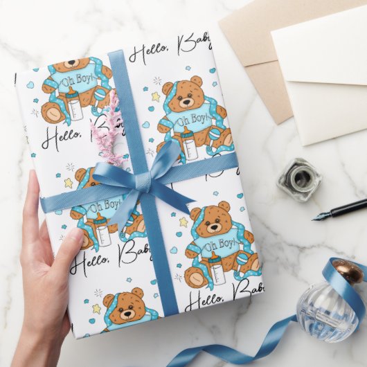 Nieuwe baby of Baby shower Blue Teddy Bear Cadeaupapier (Geschenken)