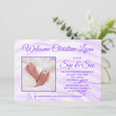 Nieuwe Baby Paarse "Sip and See" Kaart (Staand voorkant)